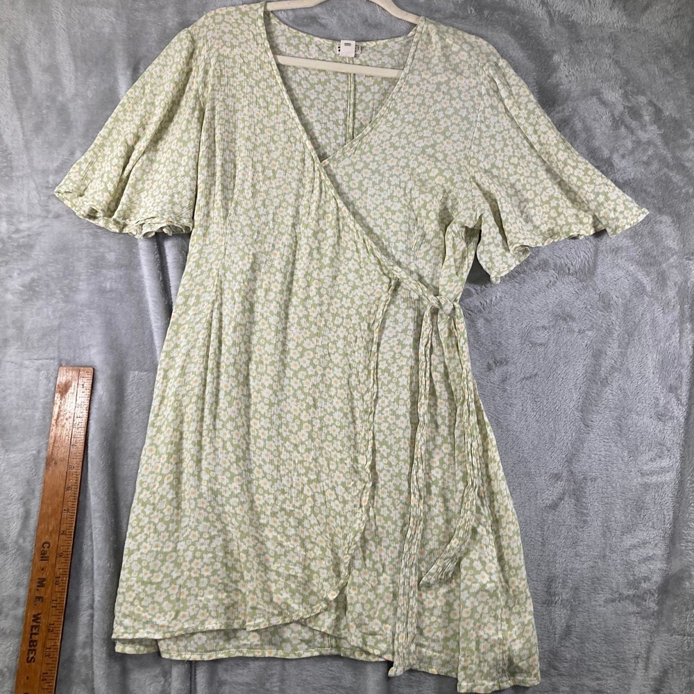 Billabong Womens Green Daisy Floral Wrap Dress Short Flutter Sleeve Size Large